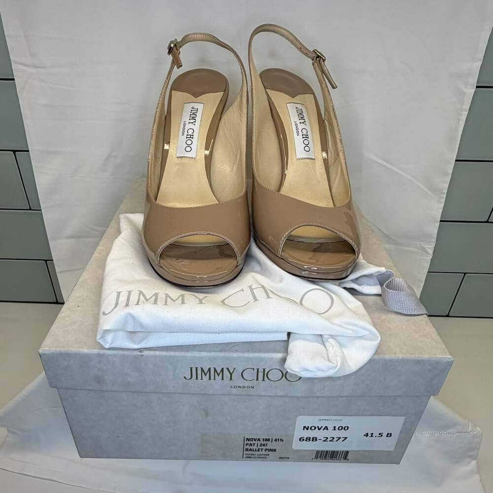 Jimmy Choo Nova 100 Nude Patent Leather Peep Toe Slingback Heels 41.5 Box - Picture 2 of 13